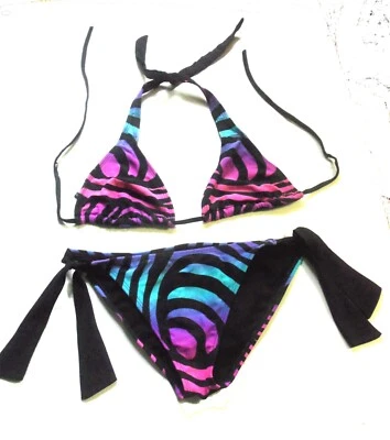 Rusty Black, Pink, Purple & Aqua Halter & Tie Side Bikini Size Medium NWOT - Image 1 of 4