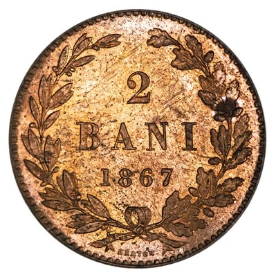 Romania: Carol I 1867-H Copper 2 Bani 20 mm GEM PROOF KM-2.1 - Image 1 of 3