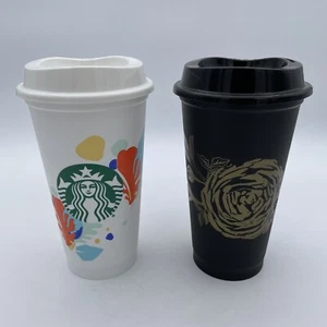 2 New Starbucks Cups Tropical Jungle Black Gold Flower Reusable Hot 16oz Coffee - Picture 1 of 6