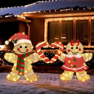 Decoración de patio de Navidad iluminada de 22,5’’ 2 piezas iluminar pan de jengibre hombre pareja Ch - Imagen 1 de 6