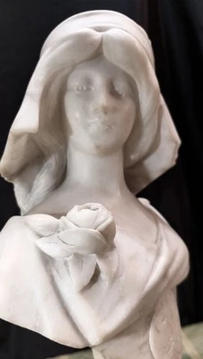 Magnificent White Alabaster Bust Graceful Woman + Rose = 12" Tall w/Swivel Base - Image 1 of 4