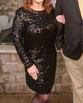 Suzi Chin for Maggy Boutique Black Sequin Cocktail Dress Size 8 Long Sleeve - Image 1 of 4
