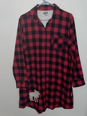 Lazy One Sz S/M Red & Black Buffalo Plaid Moose Appliqué Sleep Shirt Cabin - Image 1 of 4