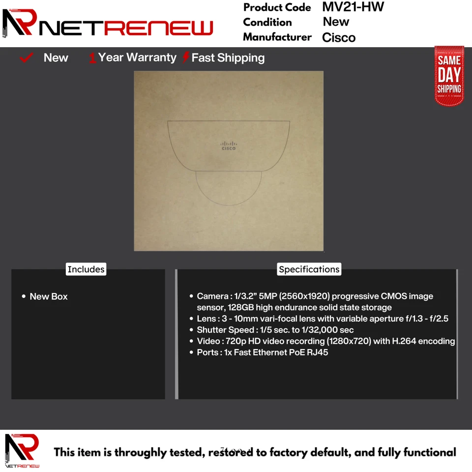 NUEVA cámara de seguridad interior Cisco Meraki MV21-HW sin reclamar 720p Foto 1 de 1