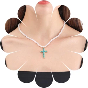 Collar Gargantilla Cruz Zafiro Colgante Cruz Perla Blanco De Colección  - Imagen 1 de 12