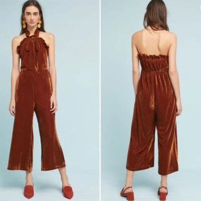Anthropologie Kristinit New Velvet Halter Jumpsuit Golden Brown Wide Leg Size XS - Image 1 of 4
