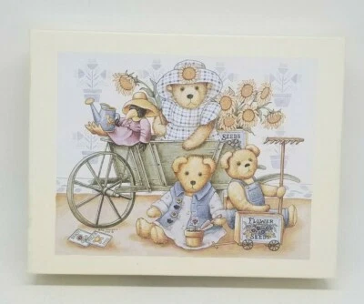 Lang Teddy's Wheelbarrow note cards Nita Showers art bears sunflowers open box - Image 1 of 4