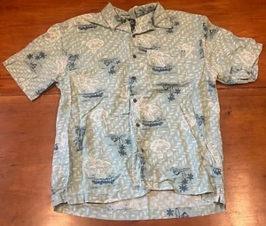 Sz L HIGH SIERRA Hawaiian Aloha Shirt Hula Dancers & Surfers Cotton Blue - Picture 1 of 4