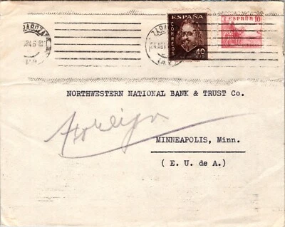 SPAIN 1946 WWII POSTAL COVER ADDR USA SLOGAN CANC ZARAGOZA - Image 1 of 2