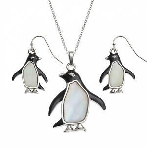 Penguin Earrings & Pendant Necklace Jewellery Set with Mother of Pearl & Enamel