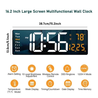 Digital LED Desk Alarm Clock Battery LED Display Wall Clock Temperature 16inch - Image 1 of 4
