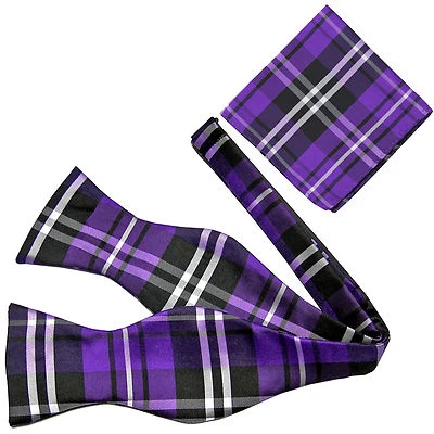 Nuevo conjunto de pajarita y pañuelo a cuadros de poliéster atado púrpura formal para hombre Foto 1 de 3