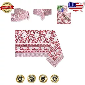 Meraki Red 100% Cotton Tablecloth - Handblock Print for Elegant Dining (72x140) - Picture 1 of 11