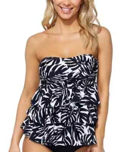 Island Escape Women's Tankini Top Black & White Tiered Ruffle Swim 8 NWT - Picture 1 of 5