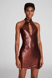 NWT Halston Celo Sequin Mock Neck Mini Dress Brown Sz 6 $375 - Picture 1 of 13