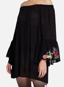 Johnny Was Casey Embroidered Floral Bell Sleeve Tunic Top/Coverup Black Sz.M EUC - Picture 1 of 9
