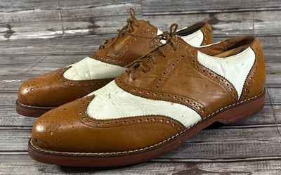 Tênis de golfe Polo Ralph Lauren couro Oxford tamanho 13 marrom branco vintage anos 80 - Imagem 1 de 4