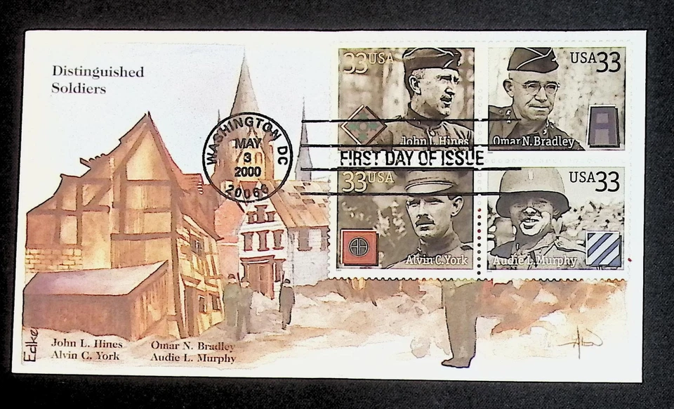 US FDC # 3393-3396 33c Distinguished Soldiers  Edken p1  2000, 9Q623 - Image 1 of 1