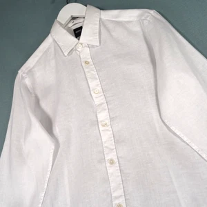 Hugo Boss Linen Shirt Mens Medium White Blue Ronni Slim Stretch Long Sleeve Top - Picture 1 of 21