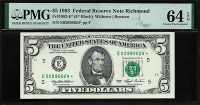 US $ 5 1993 PMG 64 EPQ UNC Fr #1982-E* Star Note FRN Richmond Withrow/Bentsen Foto 1 de 4