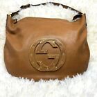 Authentic GUCCI one shoulder bag Interlocking G Gold Studs leather old camel