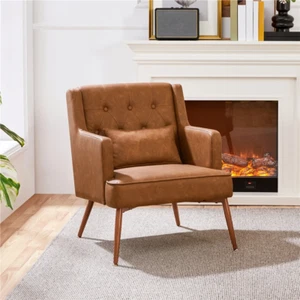 Modern Button-Tufted Accent Chair – Retro Brown Faux Leather Armchair for Living - Picture 1 of 12
