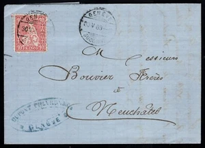Carta doblada Suiza, 1869. Geneve to Neuchatel. - Imagen 1 de 4