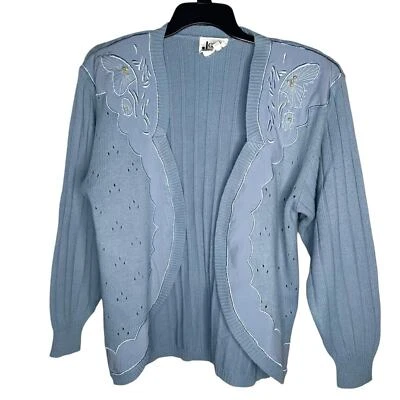 Vintage Joyce Cardigan Size M Blue Open Front Embroidered Butterfly Cottagecore - Image 1 of 4