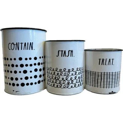 Juego de botes Rae Dunn de metal blanco negro contiene golosinas de escondite 3 piezas Foto 1 de 4