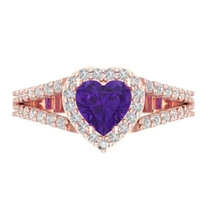 1.75ct Heart split shank VVS1 Real Amethyst Classic Statement Ring 14k Rose Gold - Picture 1 of 11