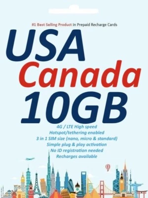 USA & Canada Travel data SIM card 30 days 10GB 5G/4G No ID registration needed - Image 1 of 4