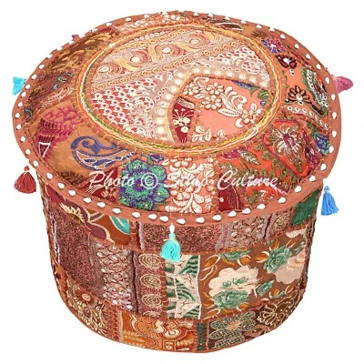 Bohemian Round Pouffe Ottoman Cover 16 Inch Cotton Patchwork Embroidered Brown - Image 1 of 3