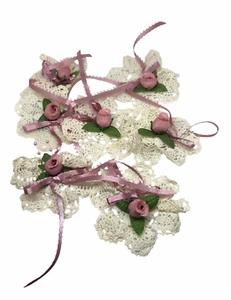 7 Mini White Lace Doily Pink Rose Vintage Flower Appliques Decoration Crafts 3" - Picture 1 of 9