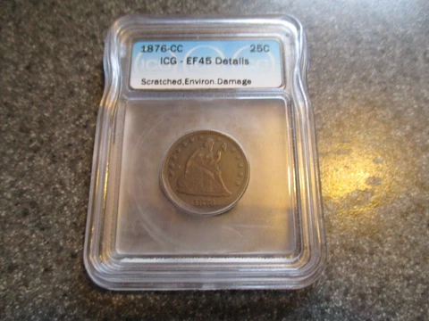 1876cc SEATED LIBERTY SILVER QUARTER graded ICG EF45, GREAT OLD COIN Cover