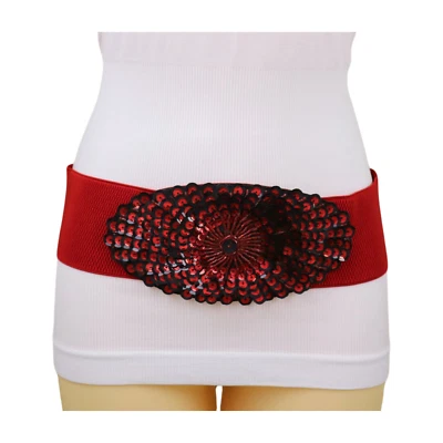 Women Red Wide Elastic Dress Up Belt Black Sequins Beads Peacock Feather Fit S M - Image 1 of 4