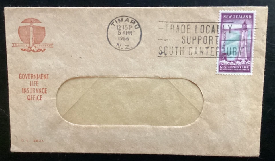 NZ 1966 3d Government Life ‘Lighthouse’  postally used Cover, Timaru pmk(NZF480) - Image 1 of 1