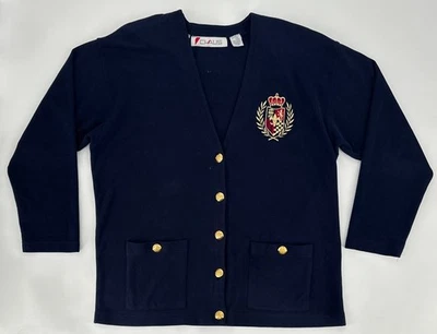 Chaus кардиган свитер женщин большой синий пуловер золотой эмблемы кнопки ретро 80-х - Изображение 1 из 4