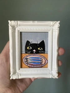 Divertida pintura negra de gato y pez 3/4 sobre papel, enmarcada, linda, divertida, miniatura, - Imagen 1 de 5