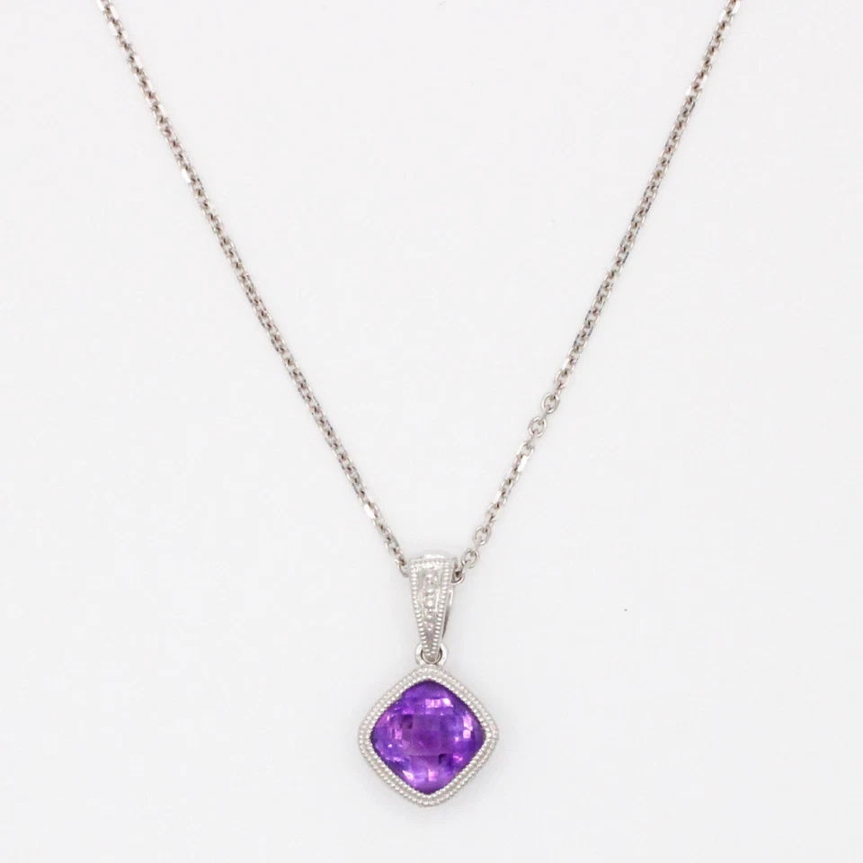 Vintage Amethyst Rhombus Square Pendant - 14k White Gold Necklace - 15" - Image 1 of 4