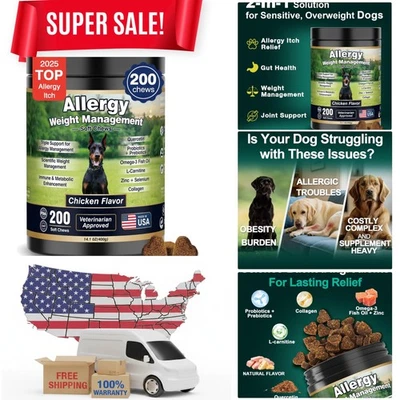 Dog Allergy Relief Chews Itching Skin is Human Multivitamin Pet Allergy Anti ... - Image 1 of 4
