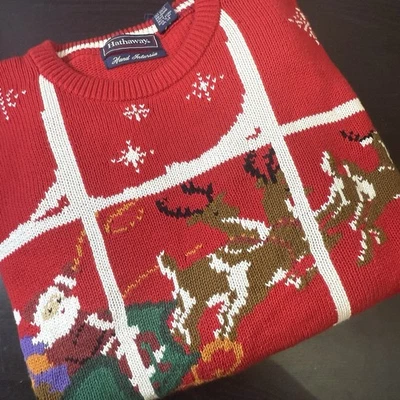 Ugly Christmas Sweater Mens L Santa Sleigh Reindeer Window Pane Vintage Red - Image 1 of 4