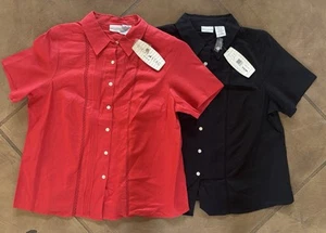 x2 White Stag Top Womens 18W/20W Black Red Linen Blend Button Up Short Sleeve + - Picture 1 of 11