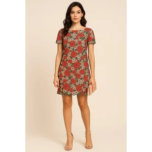 Tahari Floral Embroidered Lace Dress Pink Green Red 14 Elegant Cocktail - Picture 1 of 12
