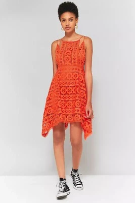 Free People Just Like Honey Lace Orange Handkerchief Hem Dress Sz 6 Summer Boho - Image 1 of 4