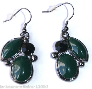BOUCLES D'OREILLES FANTAISIE PENDANTE emaux vert strass noir tendance soirée - Picture 1 of 1