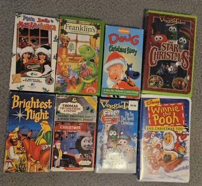 Lot of 8 Christmas Kids VHS Veggie Tales Thomas Pooh Mary Kate Franklin Doug - Image 1 of 4