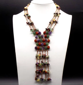 Vintage Bib Choker Y Necklace Gemstones Jade Amethyst Nylon Cord Silver Beads - Picture 1 of 11