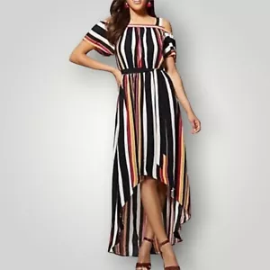 New York & Company Women's M Multicolor Striped Cold Shoulder Hi-Lo Maxi Dress - Picture 1 of 12