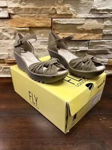 Fly London Suede Khaki Cupido Ankle Wedge Strap Sandals Size 7-7.5 / 38 - Picture 1 of 15