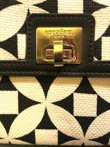 Womens Spartina Black/White Small Crossbody Gold Metal Chain Strap 8X5" Linen/Le - Picture 1 of 11